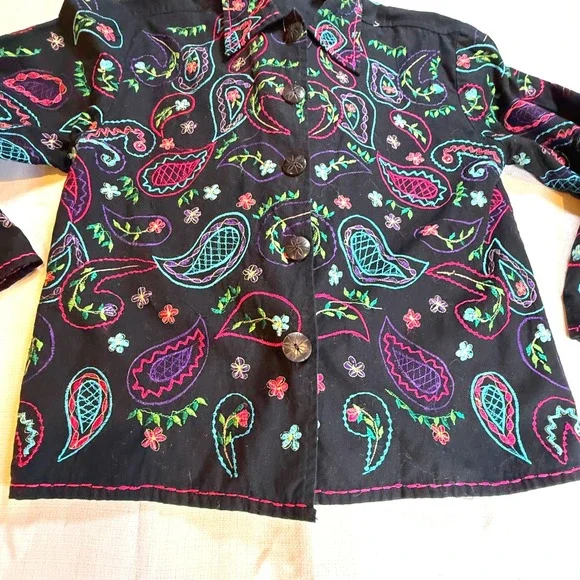 Vintage Units Linen Blend Embroidered Paisley Jacket Medium Black Boho Shirt - Picture 2 of 11